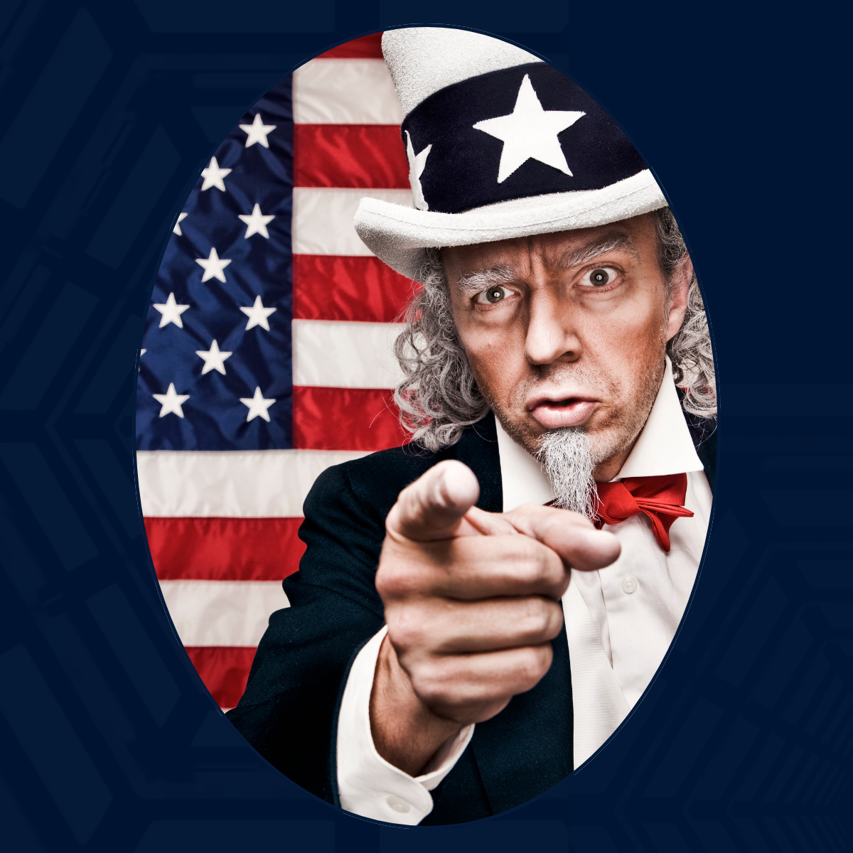 an image in hues of blue that features the iconic graphic of the usa uncle same figure urging that insurers do not pause portfolio decisions