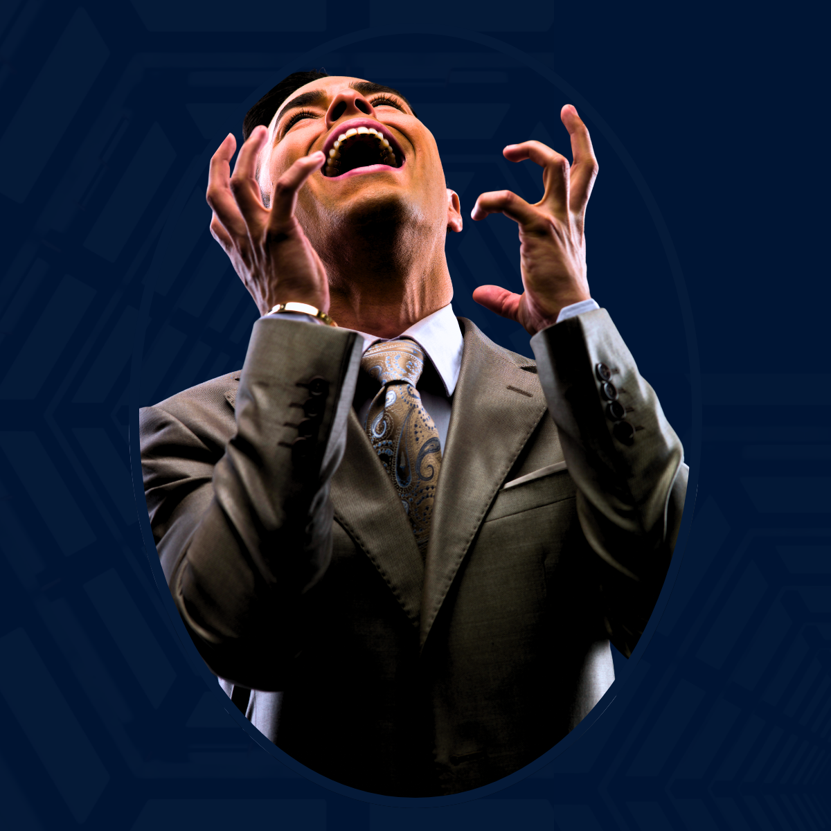 an image in hues of blue that features A MAN IN A GREY SUIT LOOKING UPSET WITH HIS HANDS RAISED UP TOWARDS A DISPLEASED FACE