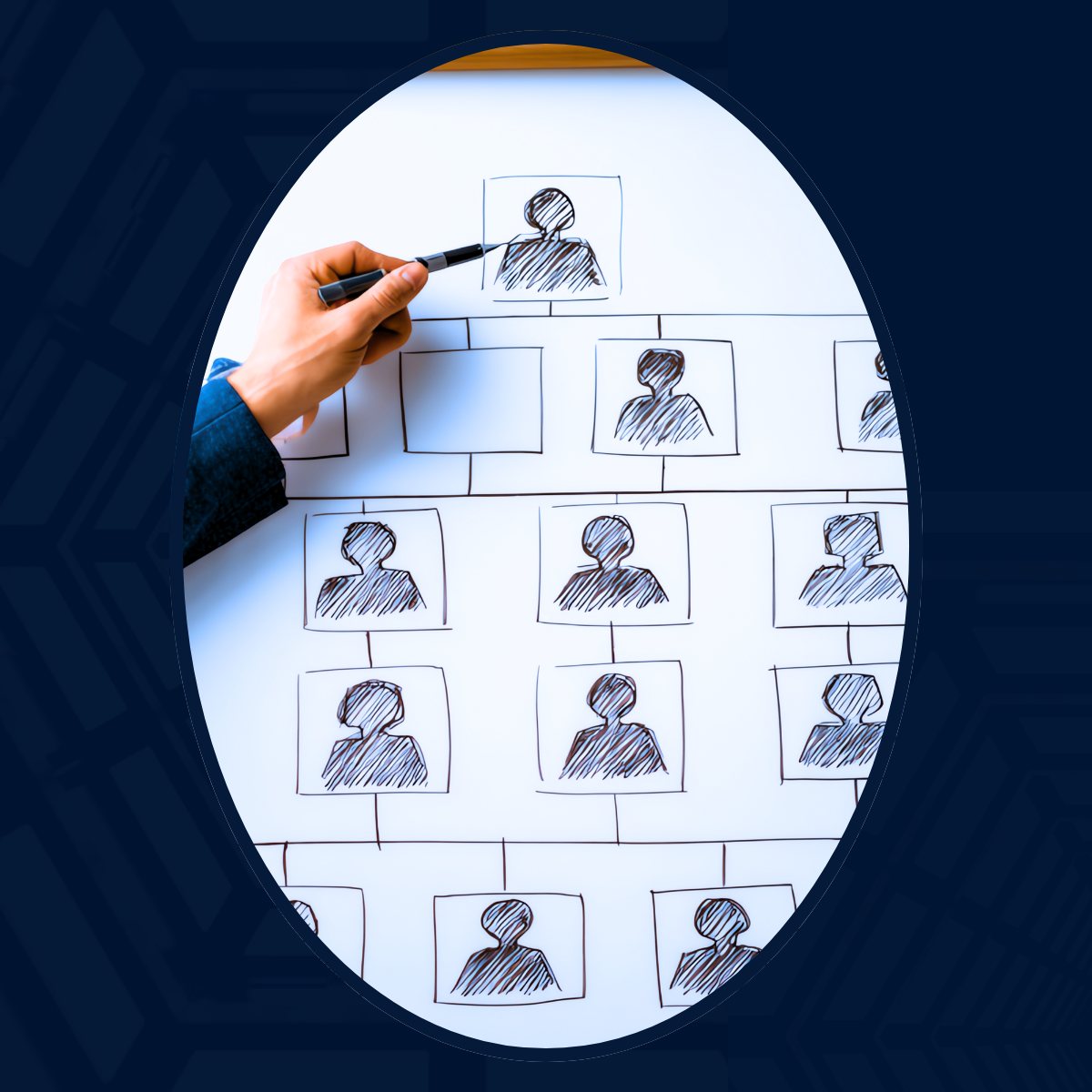 an image in hues of blue that features AN ORGANIZATIONAL CHART REPRESENTING HOW INVESTMENTS BECOME PART OF THE OPERATIONAL STRATEGY IN HUES OF BLACK AND WHITE WITH A HAND POINTING AT THE TOP IMAGE