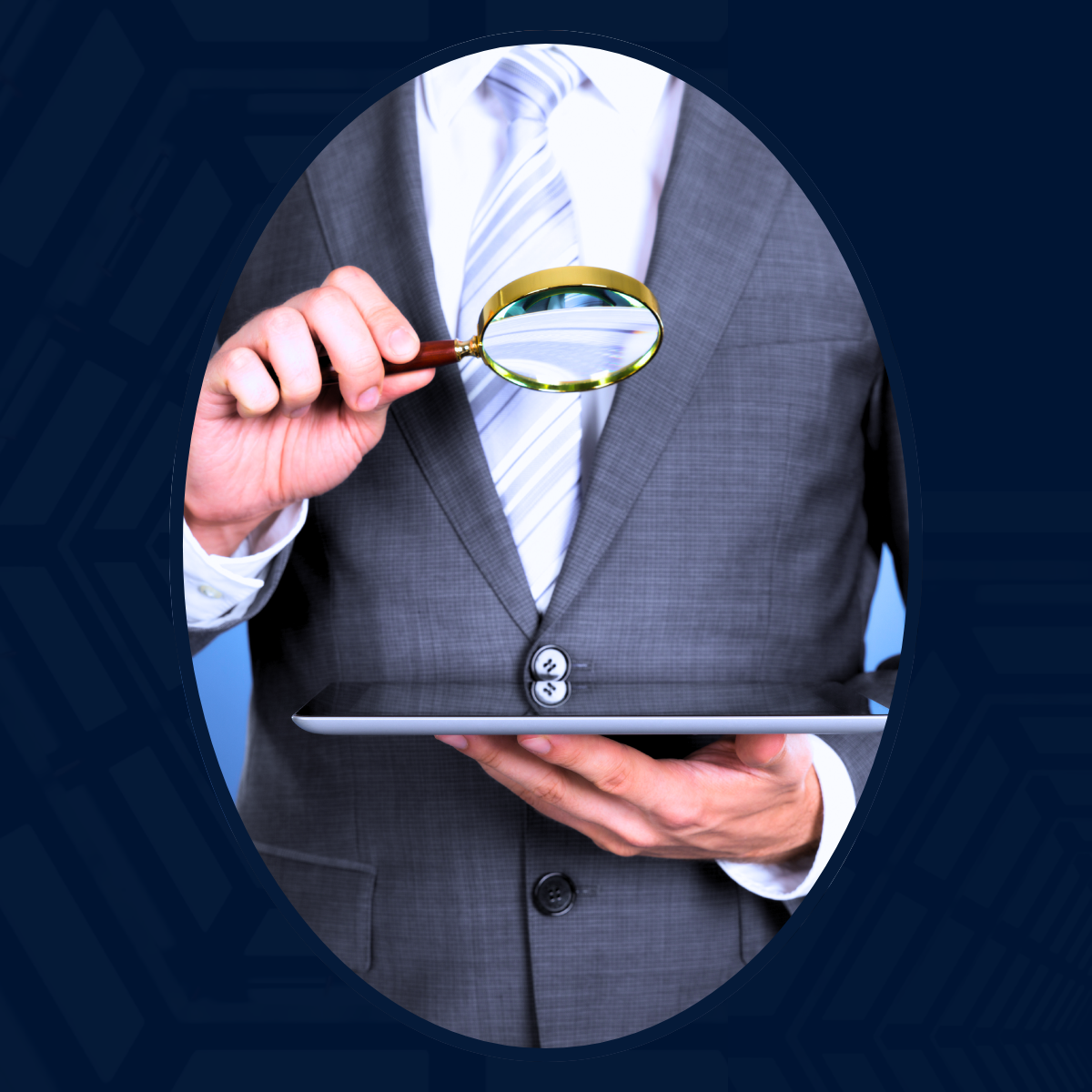 IMAGE IN HUES OF BLUE WITH A MAN IN A GREY SUIT AND WHITE UNDERSHIRT AND TIE HOLDING A MAGNIFYING GLASS WHILE WHAT APPEARS TO BE AUDITING WORK