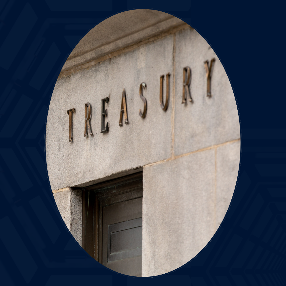 IMAGE IN HUES OF BLUE THAT FEATURES THE USA TREASURY BUILDING IN BROWN
