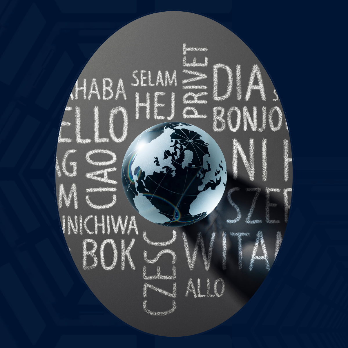an image in hues of blue that features an oval image in grey with the word "hello" in various languages to illustrate insurance companies speak another language